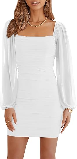 Ofenbuy Women's Mesh Long Sleeve Dress Square